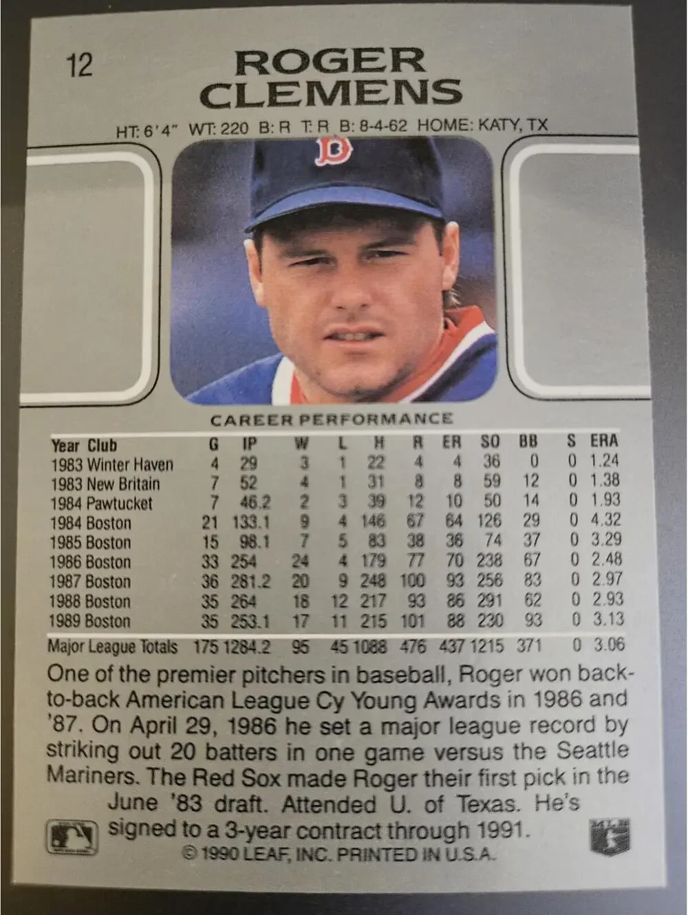 1990 LEAF BASEBALL ROGER CLEMENS #12 RED SOX NMMT/MINT